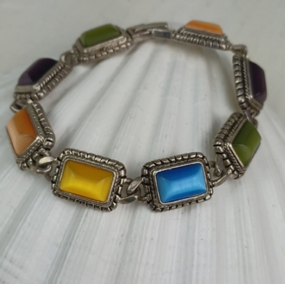 Premier Design Stamped Vibrant Multicolor Gemstones Silver Tone Bracelet